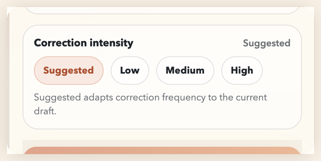 WriterDrip correction intensity controls